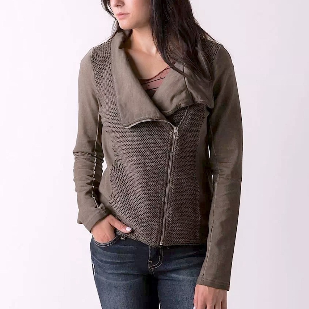 BUCKLE BKE Washed Jacket Military utility Biker women’s size M Taupe asymmetric